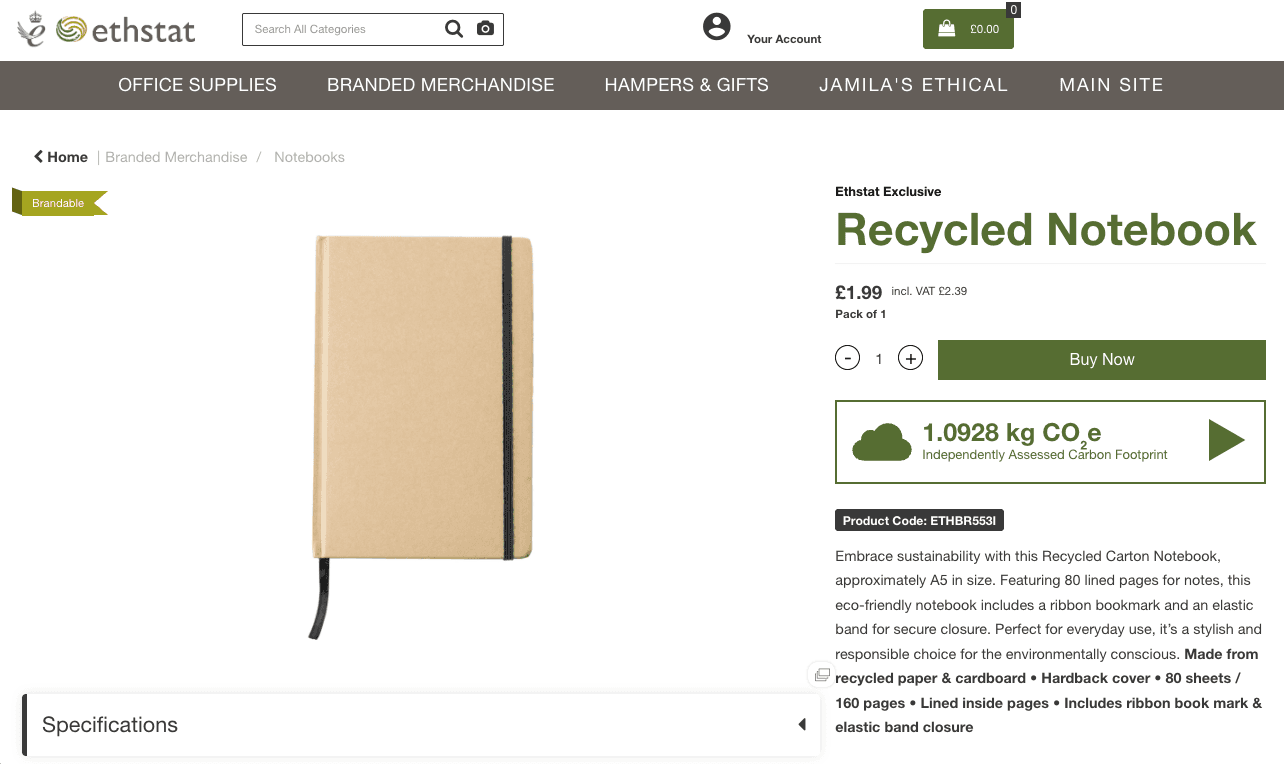 Ethstat’s product page for a recycled notebook, with the Zilch widget showing an independently assessed carbon footprint of 1.0928 kg CO₂e