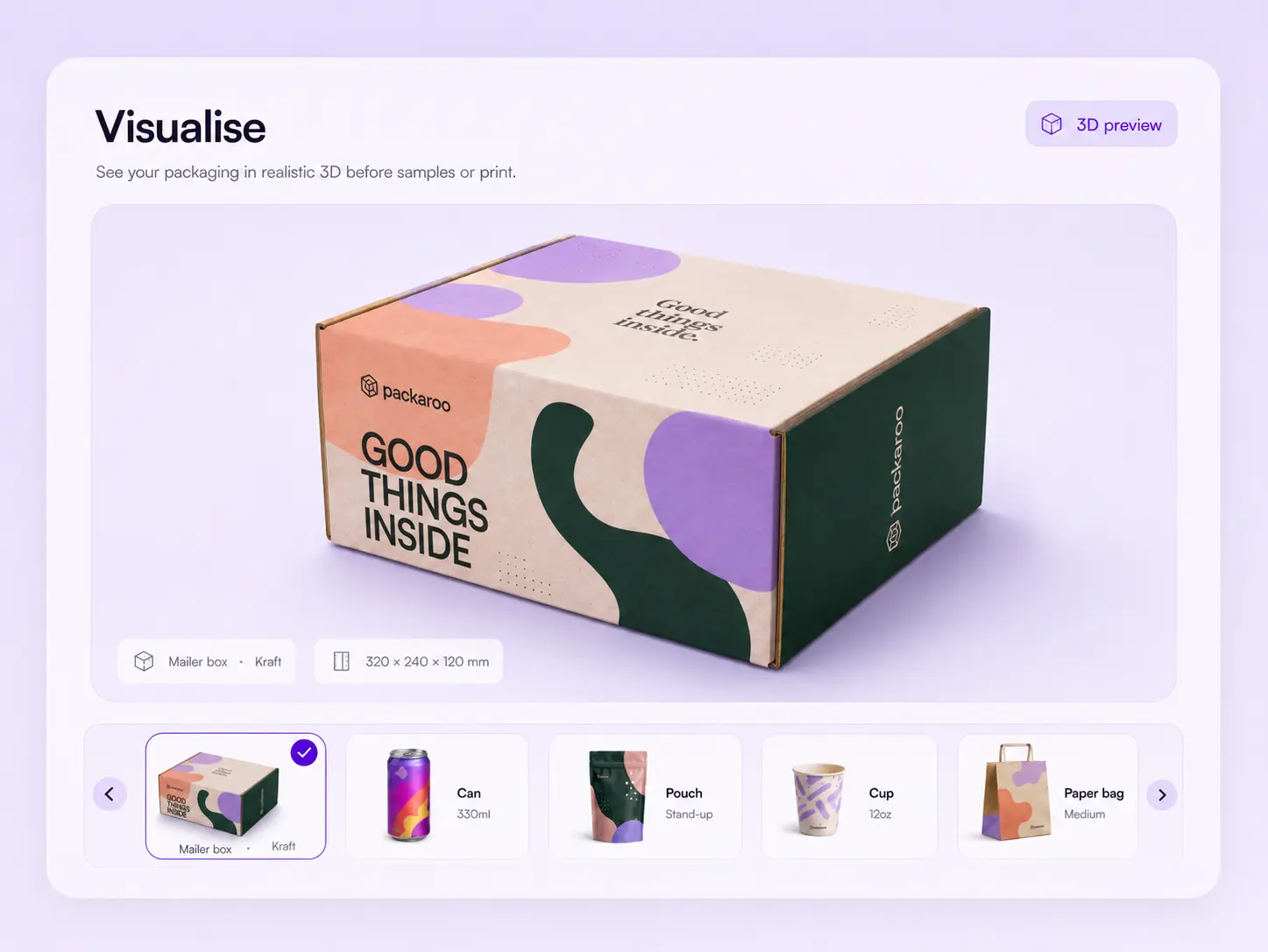 Packaroo’s 3D preview of a printed kraft mailer box, with can, pouch, cup and paper bag formats alongside to switch between