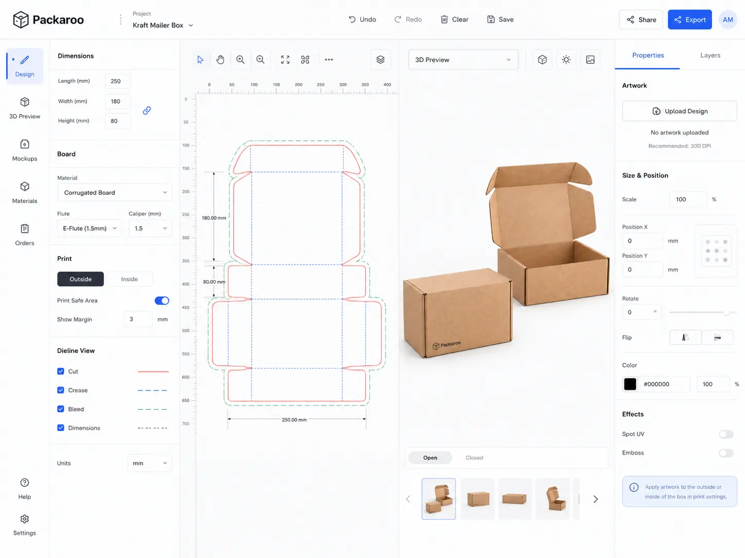 The Packaroo editor for a kraft mailer box, with board material, flute and dimensions on the left, the dieline in the middle and a 3D preview on the right
